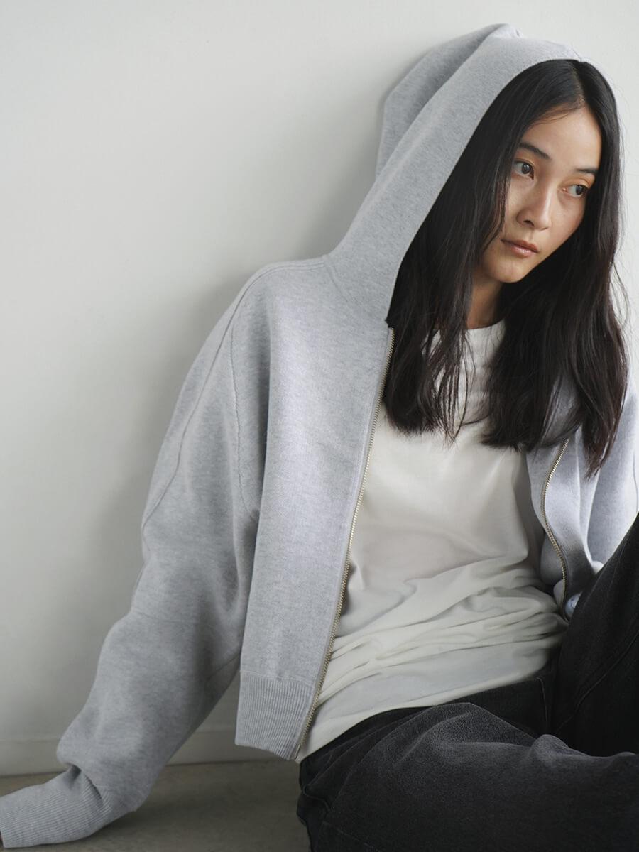 Cotton knit double zip hoodie